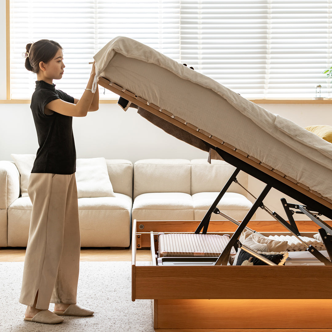 Scandinavian cherry wood electric lift-up storage bed coastal situational feels.