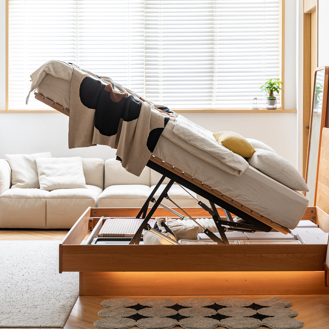 Scandinavian cherry wood electric lift-up storage bed coastal layered structure.