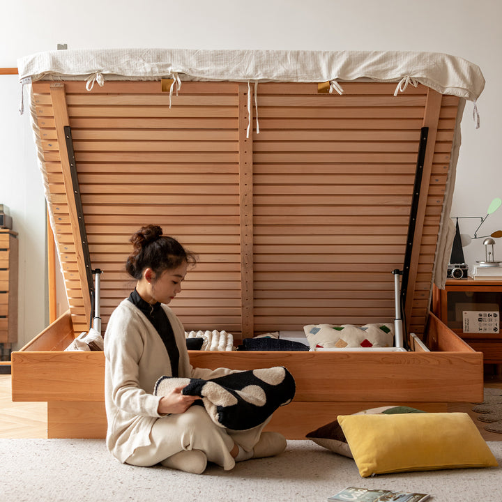 Scandinavian cherry wood electric lift-up storage bed coastal detail 1.