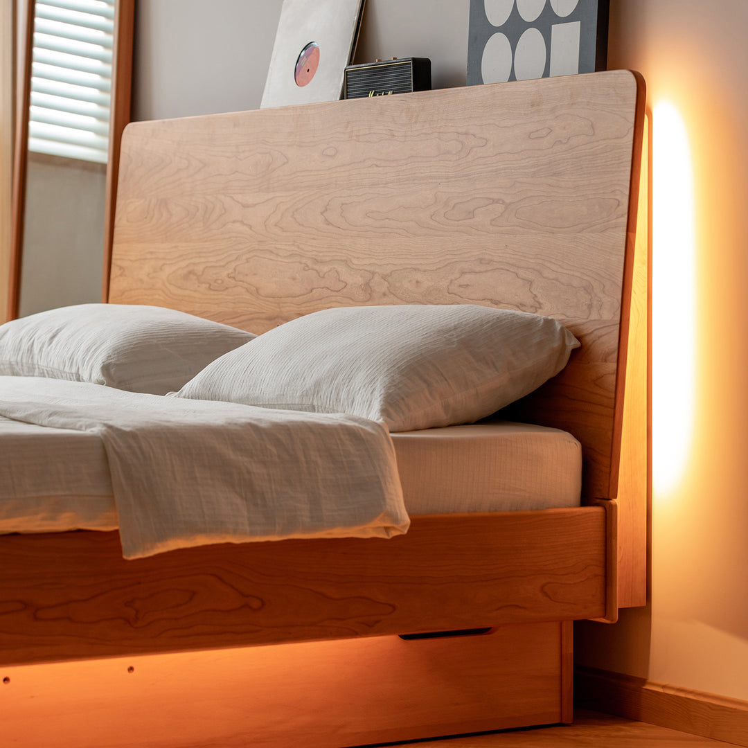 Scandinavian cherry wood electric lift-up storage bed coastal color swatches.