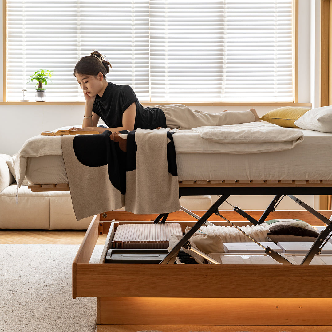 Scandinavian cherry wood electric lift-up storage bed coastal material variants.
