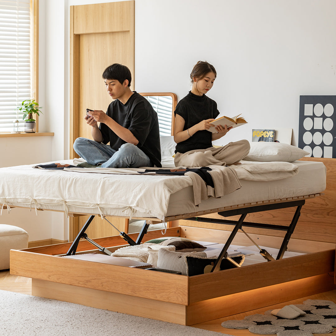 Scandinavian cherry wood electric lift-up storage bed coastal in close up details.