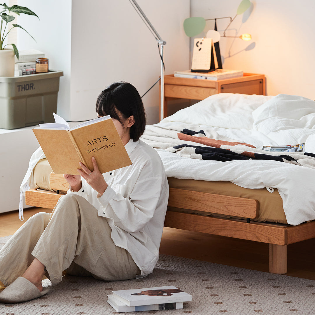 Scandinavian cherry wood platform bed small primary product view.