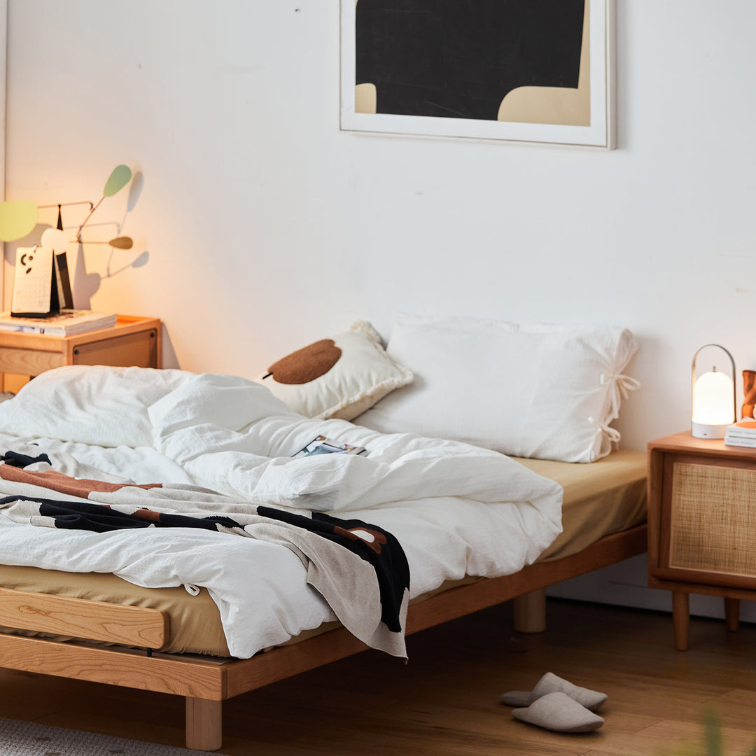 Scandinavian cherry wood platform bed small conceptual design.