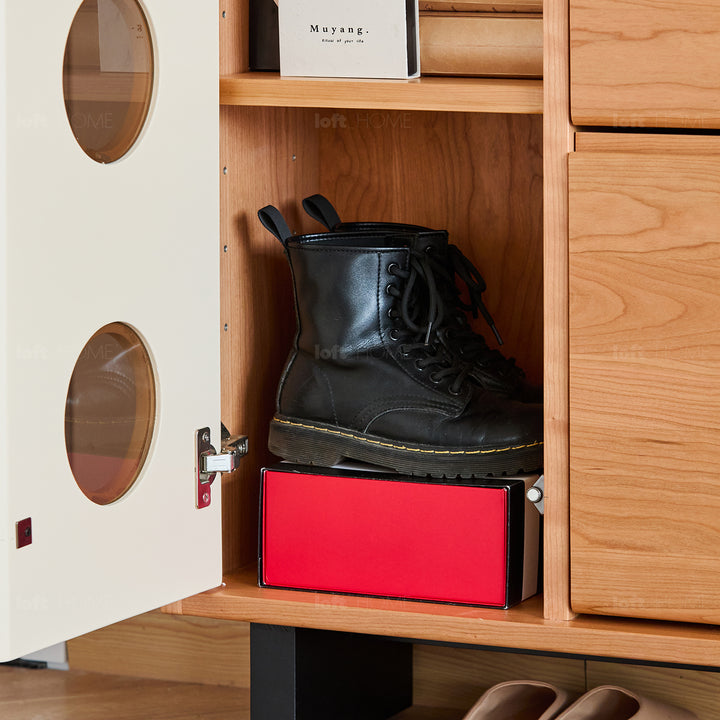 Scandinavian cherry wood shoe cabinet timeless in panoramic view.