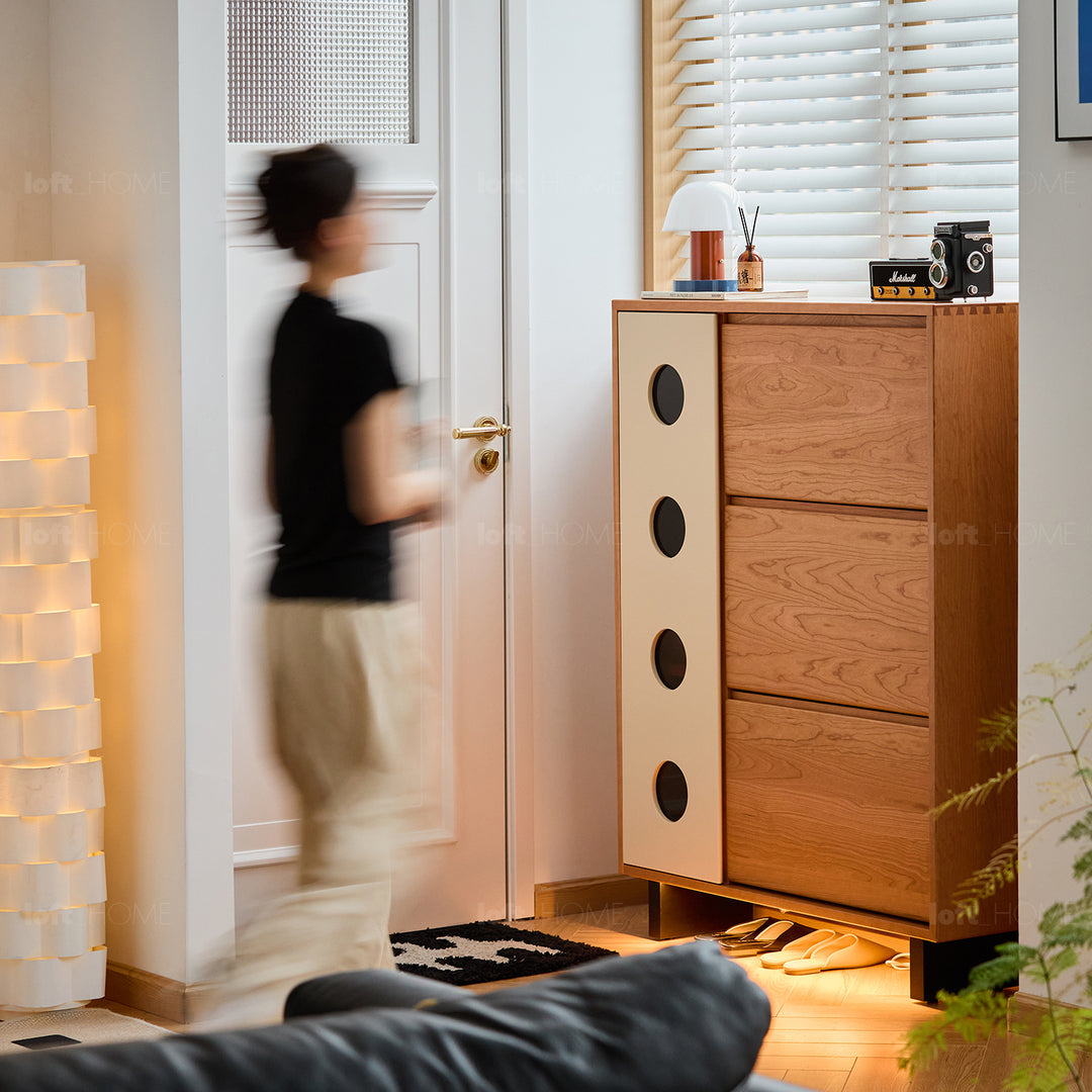 Scandinavian cherry wood shoe cabinet timeless layered structure.