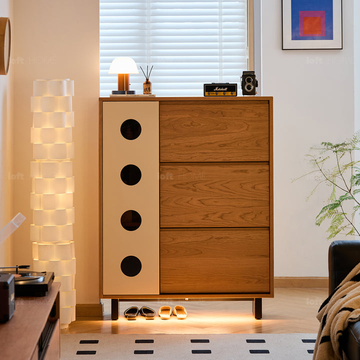 Scandinavian cherry wood shoe cabinet timeless detail 1.