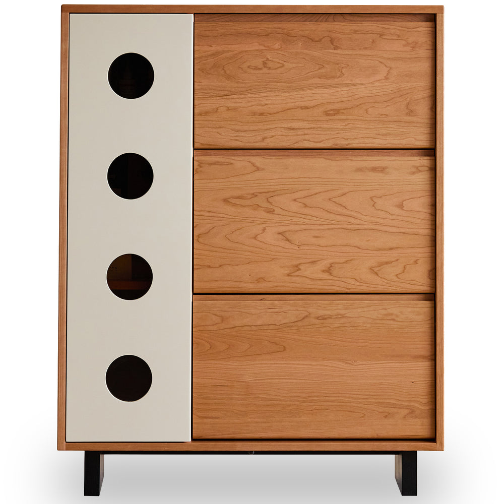 Scandinavian cherry wood shoe cabinet timeless in white background.