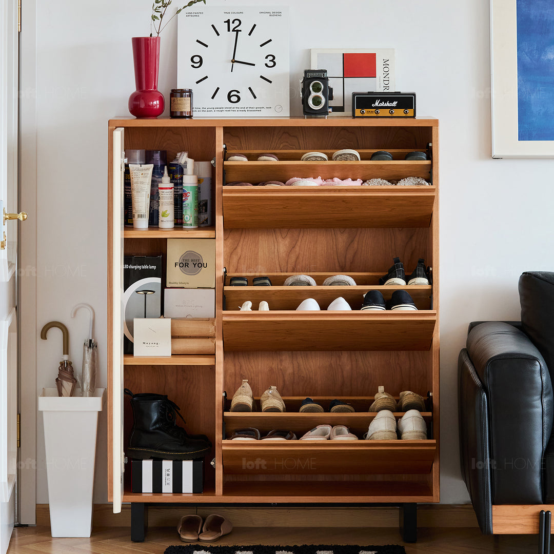Scandinavian cherry wood shoe cabinet timeless material variants.