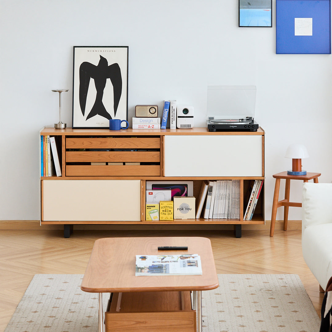 Scandinavian cherry wood side cabinet timeless in still life.