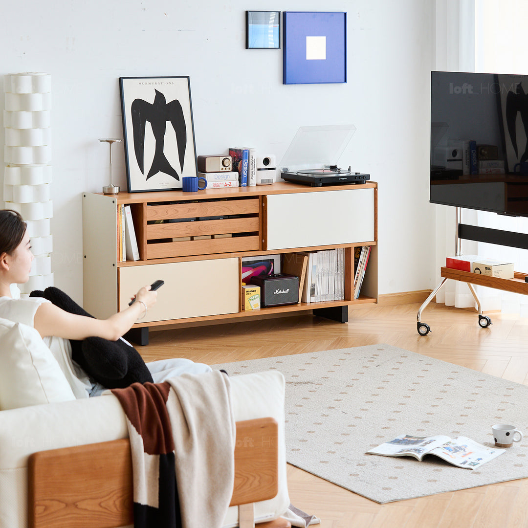 Scandinavian cherry wood side cabinet timeless material variants.