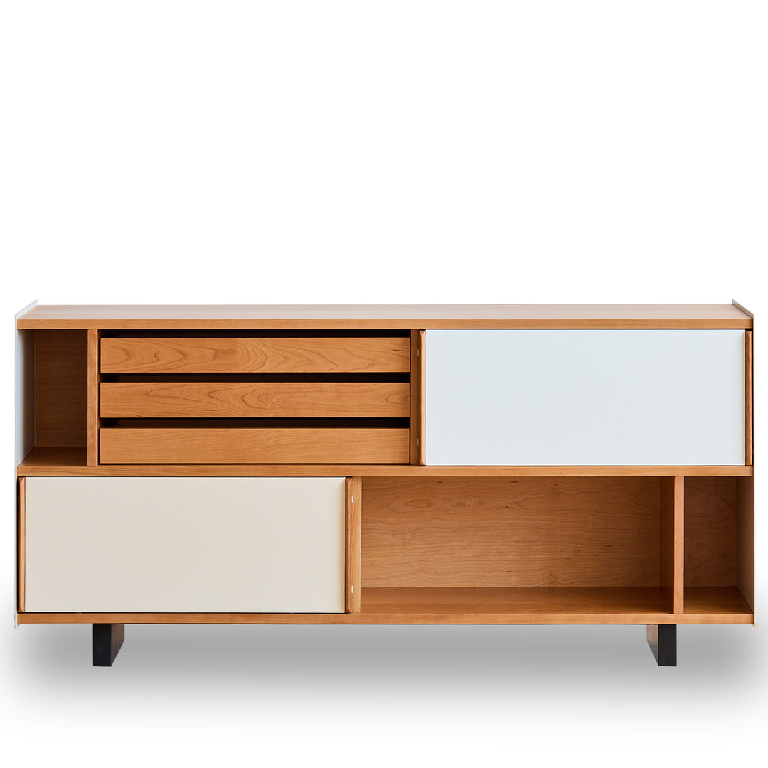 Scandinavian cherry wood side cabinet timeless in white background.