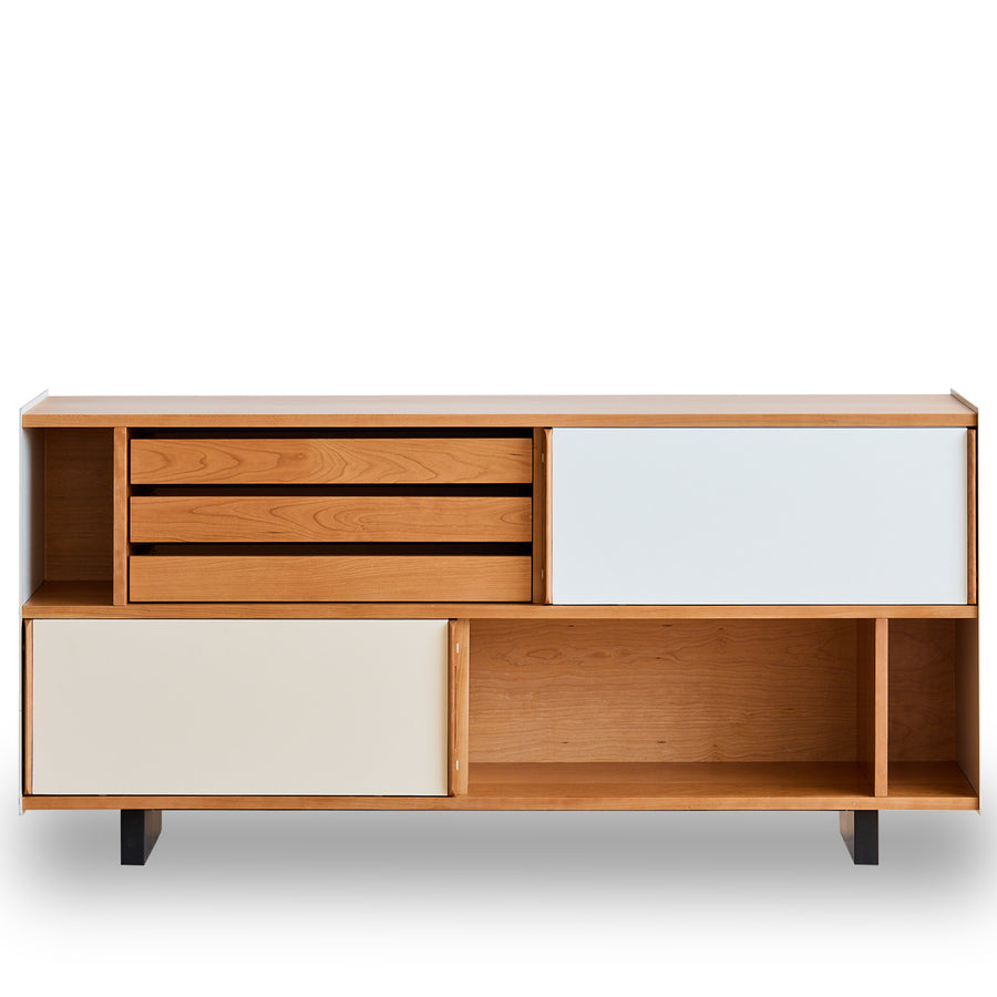 Scandinavian cherry wood side cabinet timeless in white background.