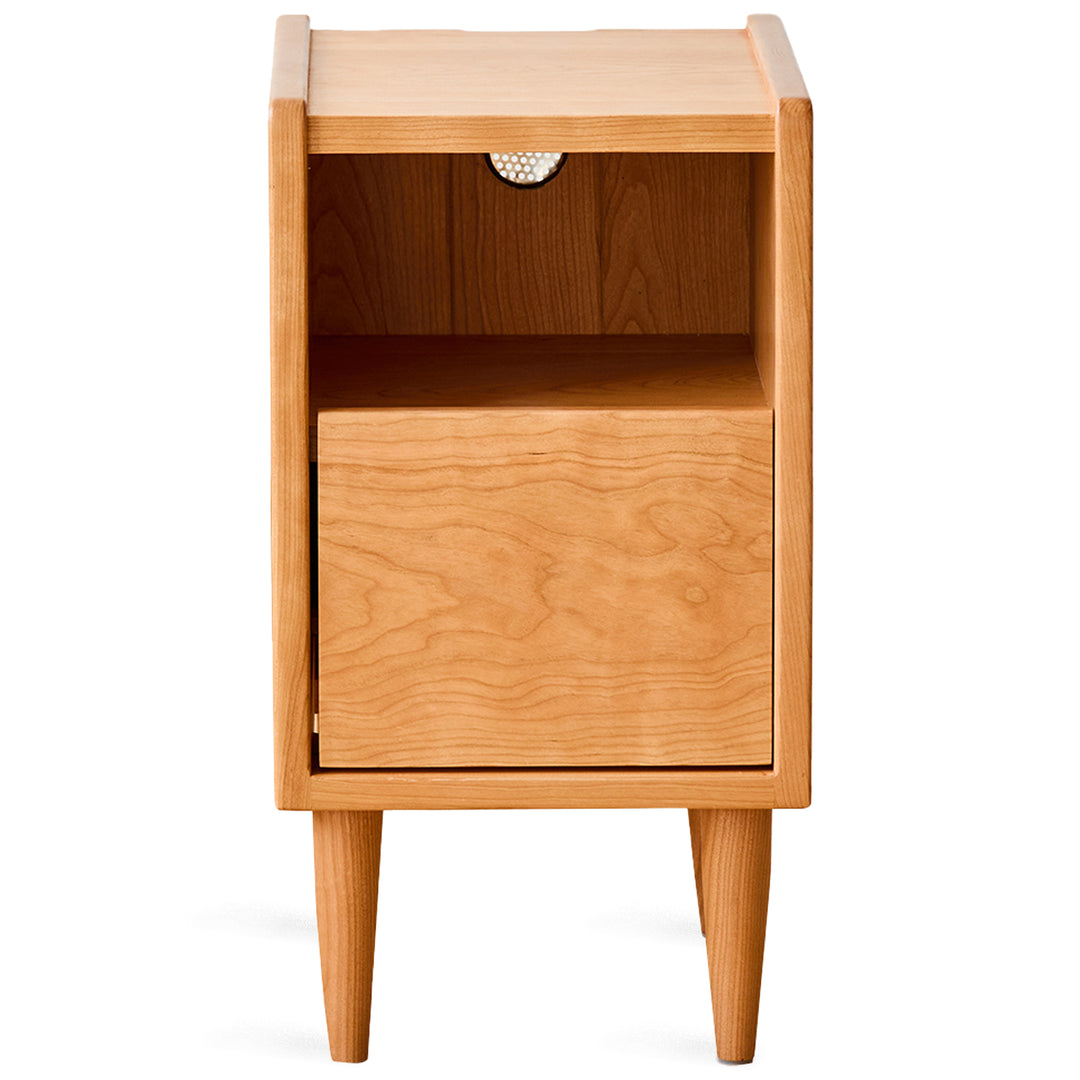 Scandinavian cherry wood side table cubo in white background.