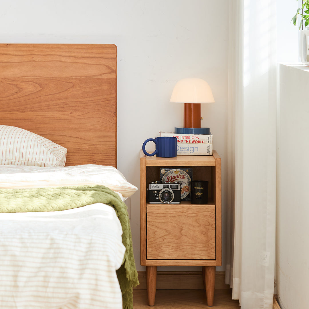 Scandinavian cherry wood side table cubo color swatches.