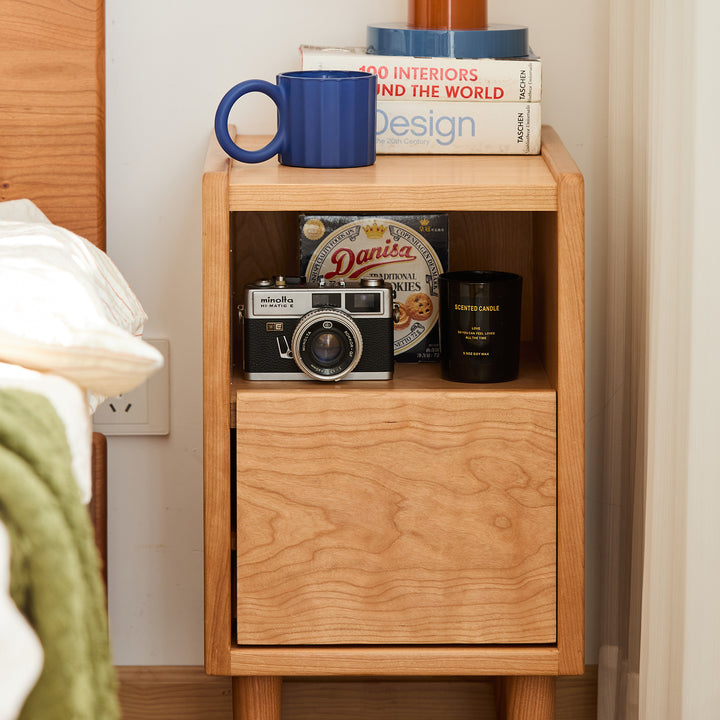 Scandinavian cherry wood side table cubo in real life style.