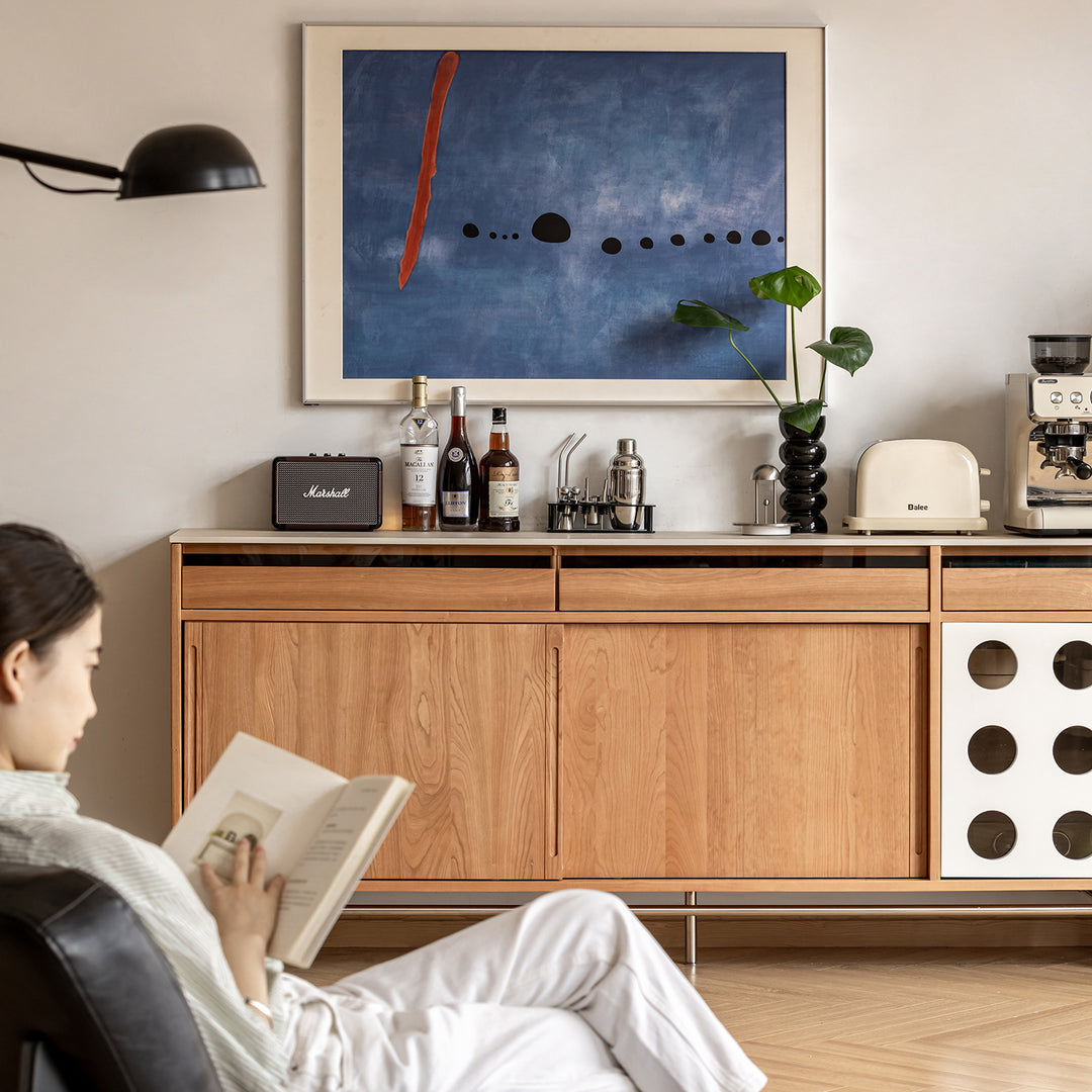 Scandinavian cherry wood sintered stone cabinet timeless color swatches.