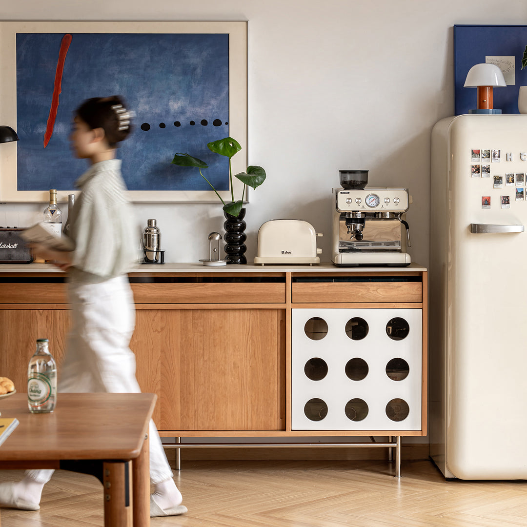 Scandinavian cherry wood sintered stone cabinet timeless material variants.