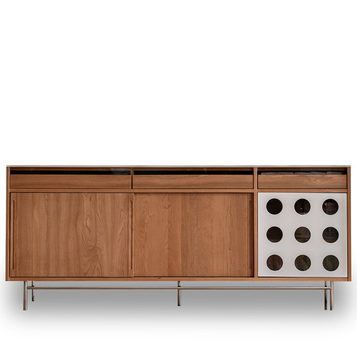 Scandinavian cherry wood sintered stone cabinet timeless in white background.