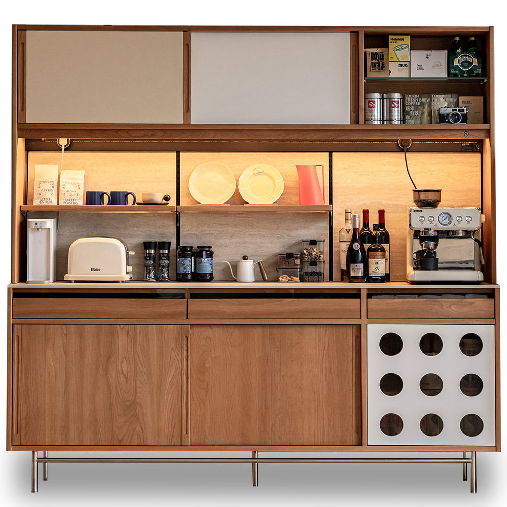 Scandinavian cherry wood sintered stone storage side cabinet timeless in white background.