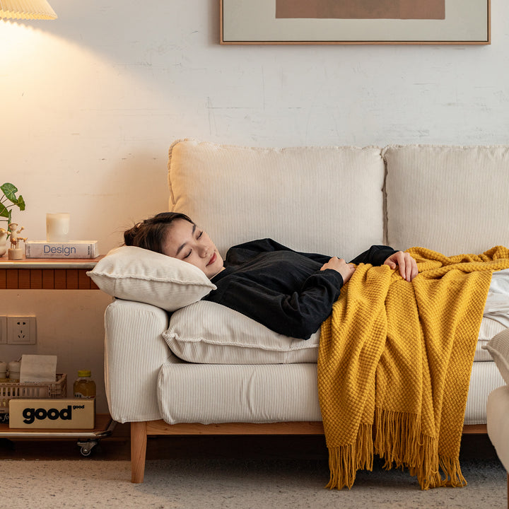 Scandinavian corduroy velvet fabric 3 seater sofa indigo detail 1.