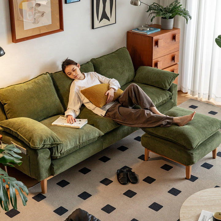 Scandinavian corduroy velvet fabric 3 seater sofa indigo in real life style.