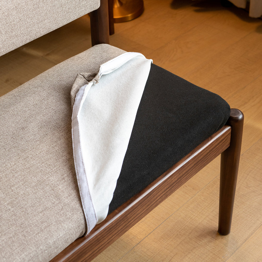 Scandinavian oak wood mixed weave fabric dining bench pillar walnut with context.