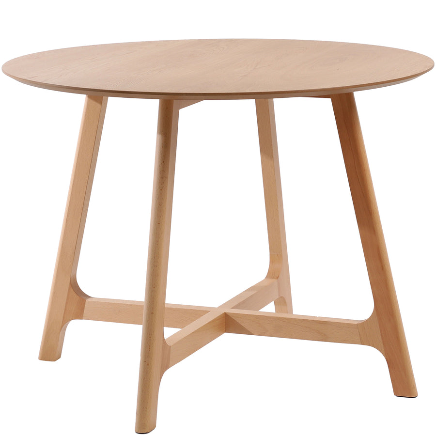Scandinavian oak wood veneer round dining table orbit in white background.