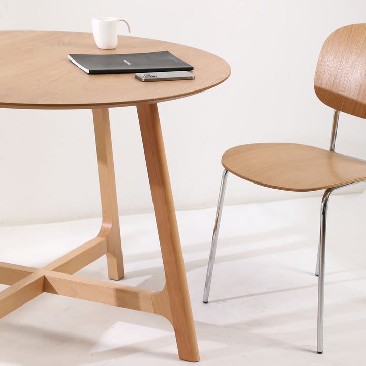 Scandinavian oak wood veneer round dining table orbit in real life style.