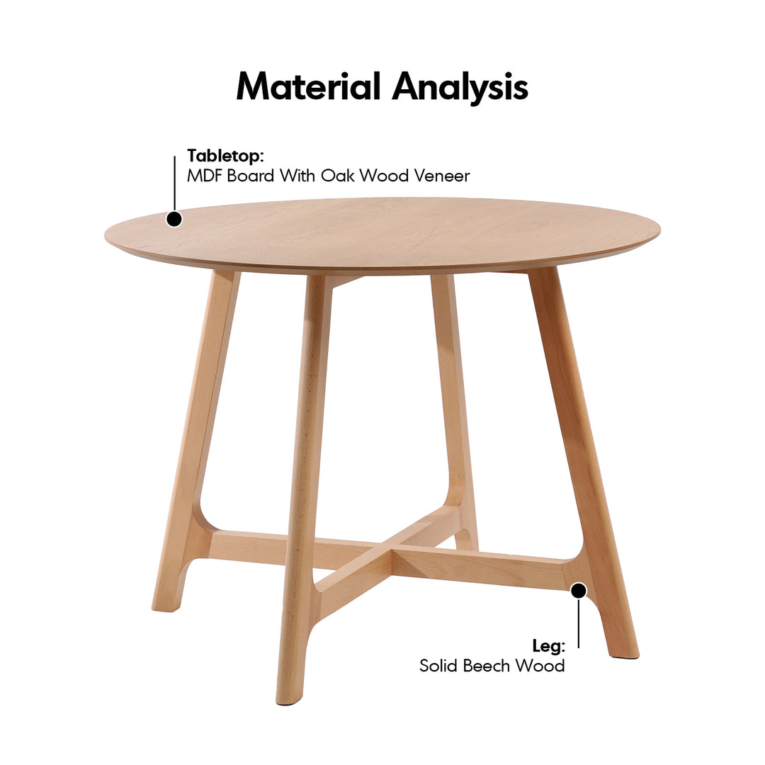 Scandinavian oak wood veneer round dining table orbit in details.