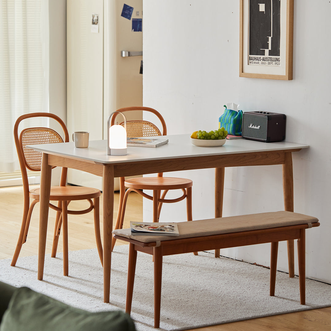 Scandinavian sintered stone dining table green in still life.