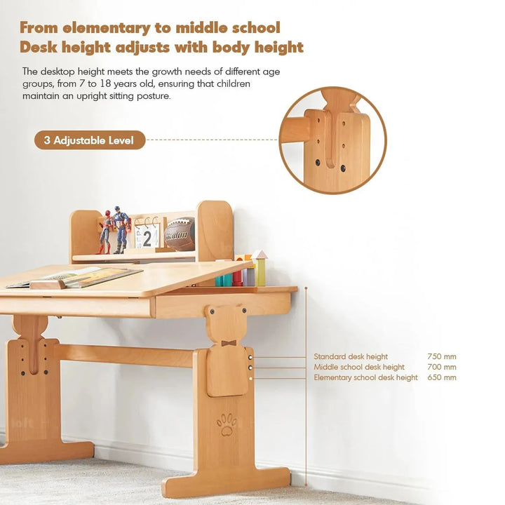 Scandinavian wood kids study table elevate in panoramic view.