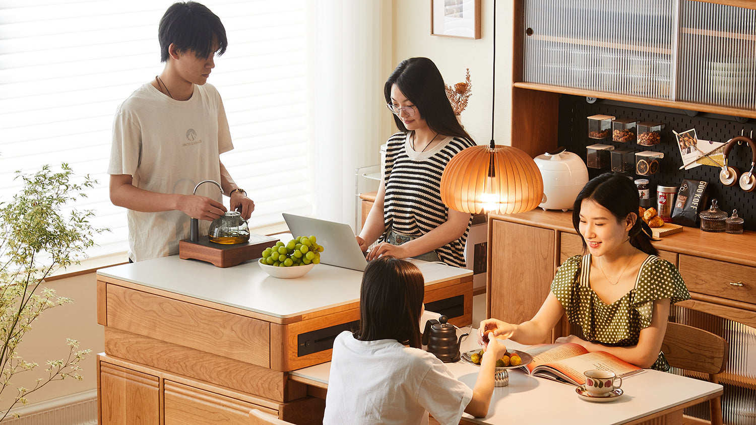 Modern kitchen with a multifunctional wooden island, creating a warm and inviting space for dining, work, and socializing with family.