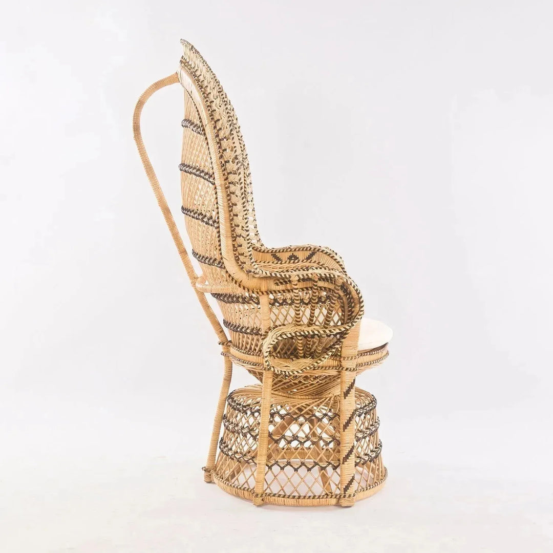 Bohemian rattan 1 seater sofa retro peacock in still life.