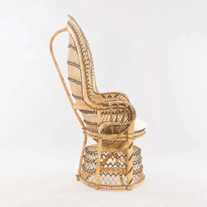 Bohemian rattan 1 seater sofa retro peacock in still life.