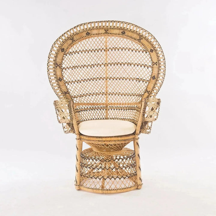 Bohemian rattan 1 seater sofa retro peacock in panoramic view.