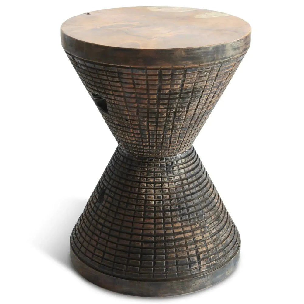 Rustic wood side table drum in white background.