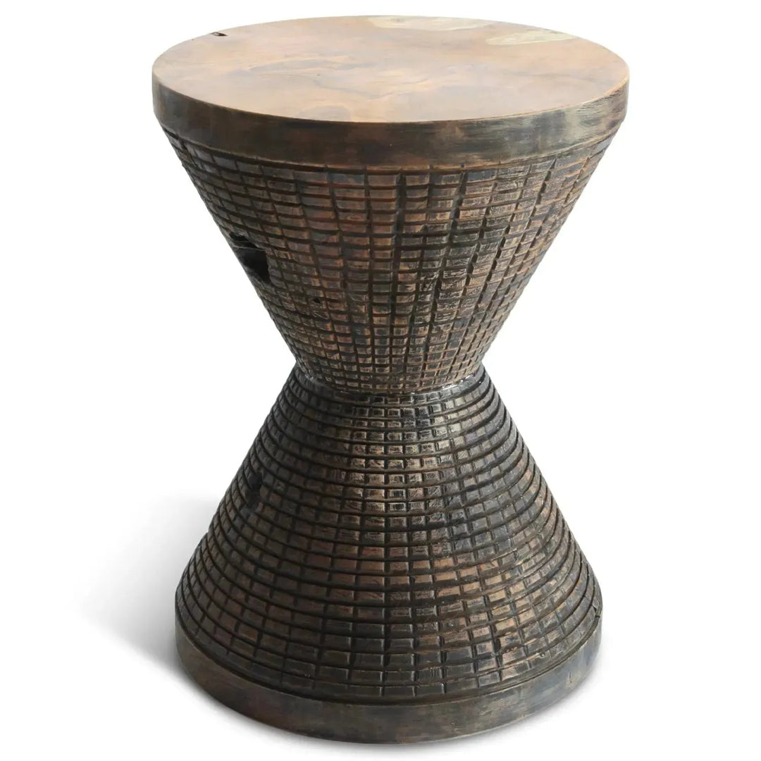 Rustic wood side table drum in white background.