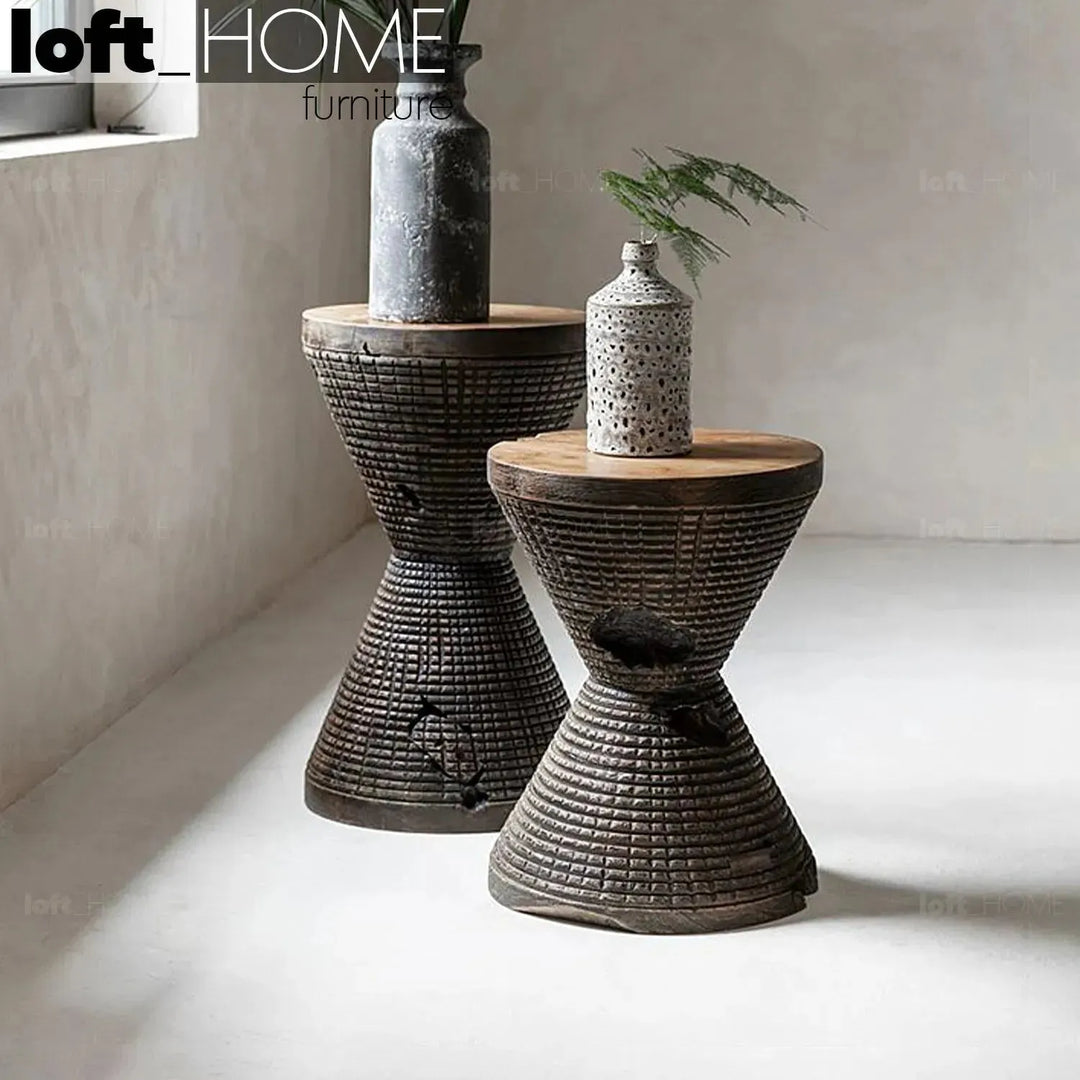 Rustic wood side table drum primary product view.