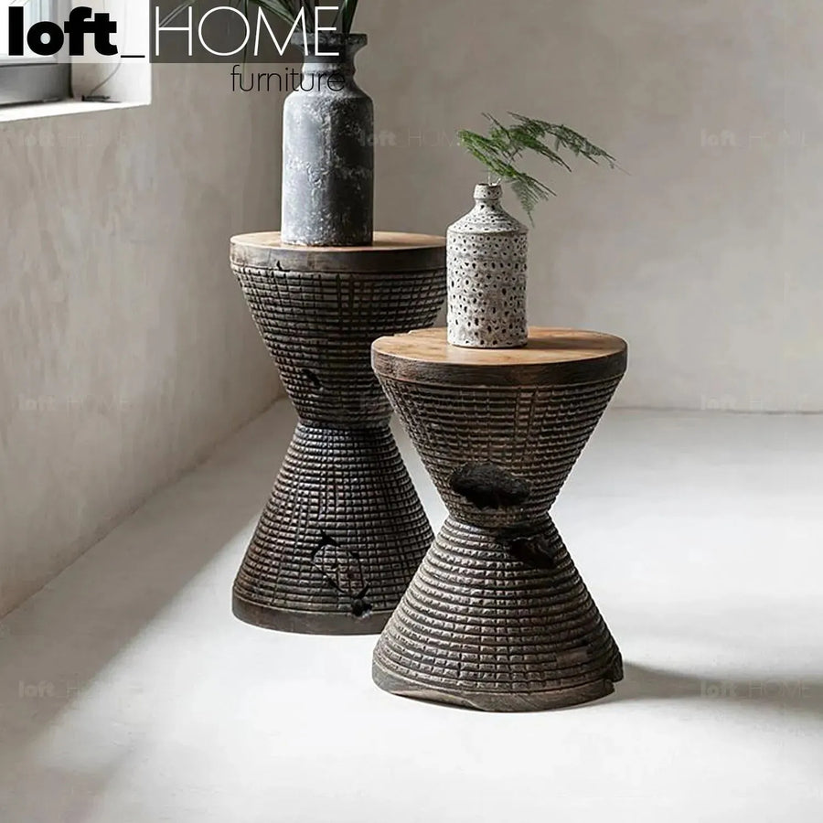 Rustic wood side table drum primary product view.