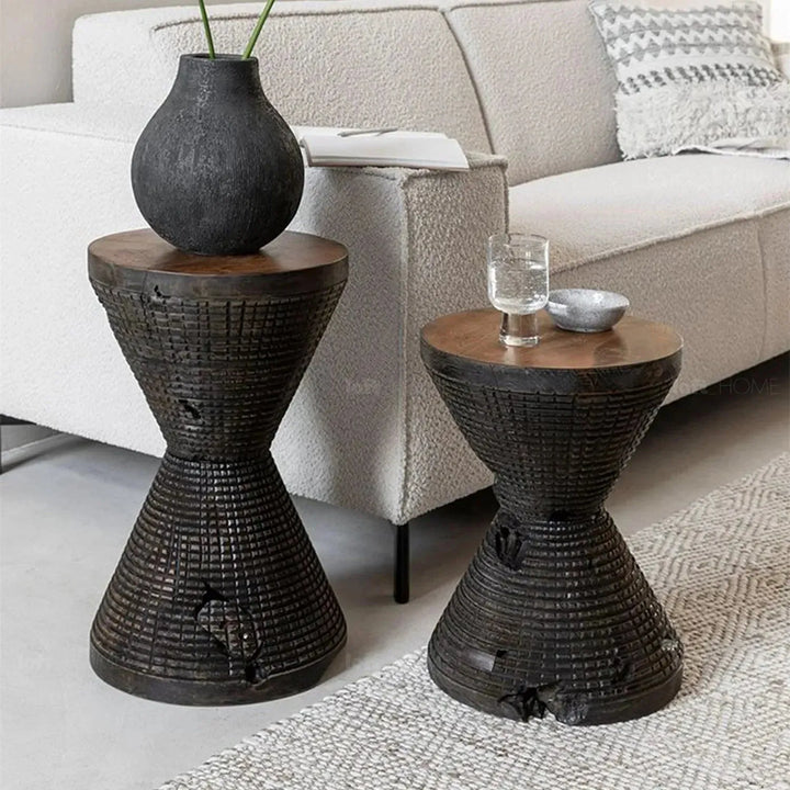 Rustic wood side table drum color swatches.