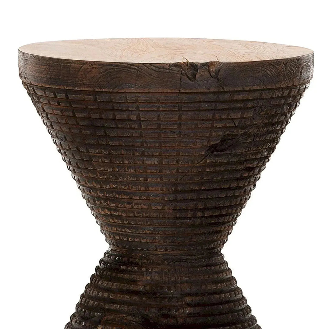 Rustic wood side table drum in panoramic view.