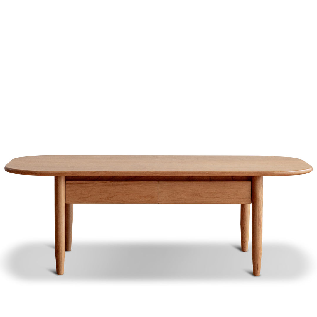 Scandinavian cherry wood coffee table vista in white background.