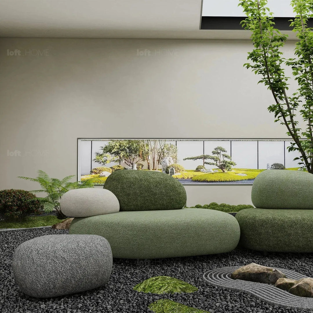 Contemporary fabric 2 seater sofa pebble in panoramic view.