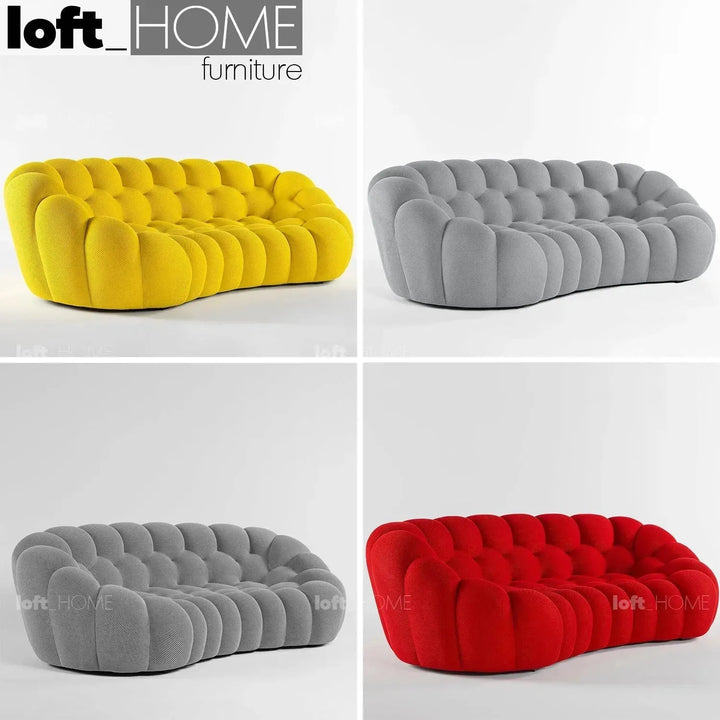 Contemporary fabric 3 seater sofa bubble in close up details.