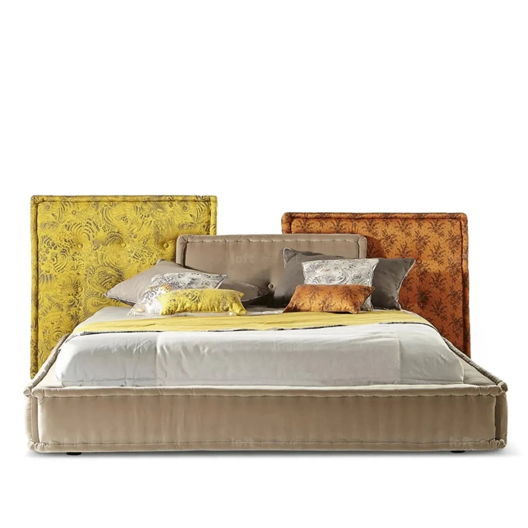 Contemporary fabric bed mahjong layered structure.