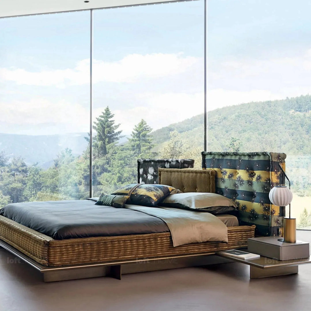 Contemporary fabric bed mahjong in real life style.