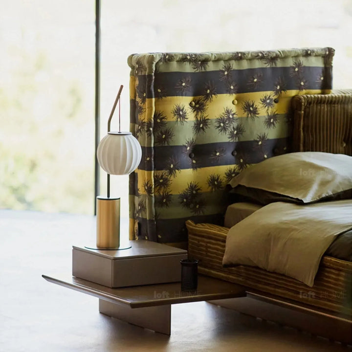 Contemporary fabric bed mahjong with context.