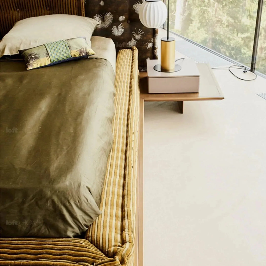 Contemporary fabric bed mahjong in panoramic view.