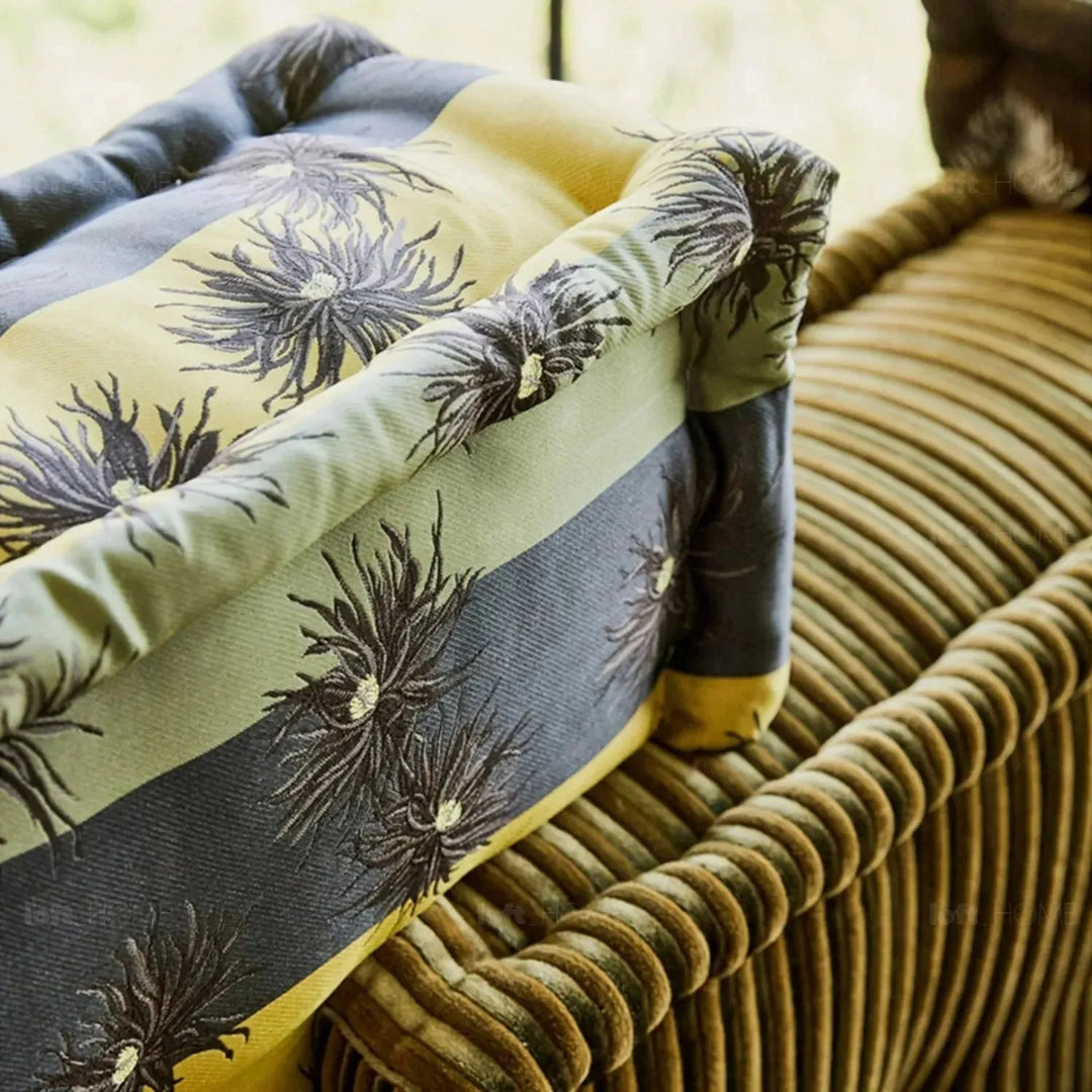 Contemporary fabric bed mahjong in details.